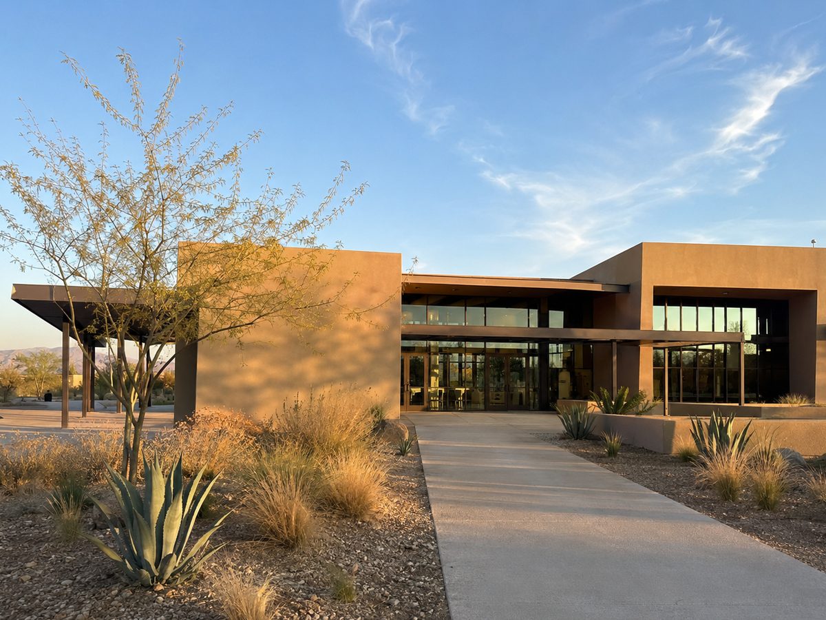 A modern desert-southwest public library at golden hour, the kind of community venue where Tech Ready Nevada workshops are held.