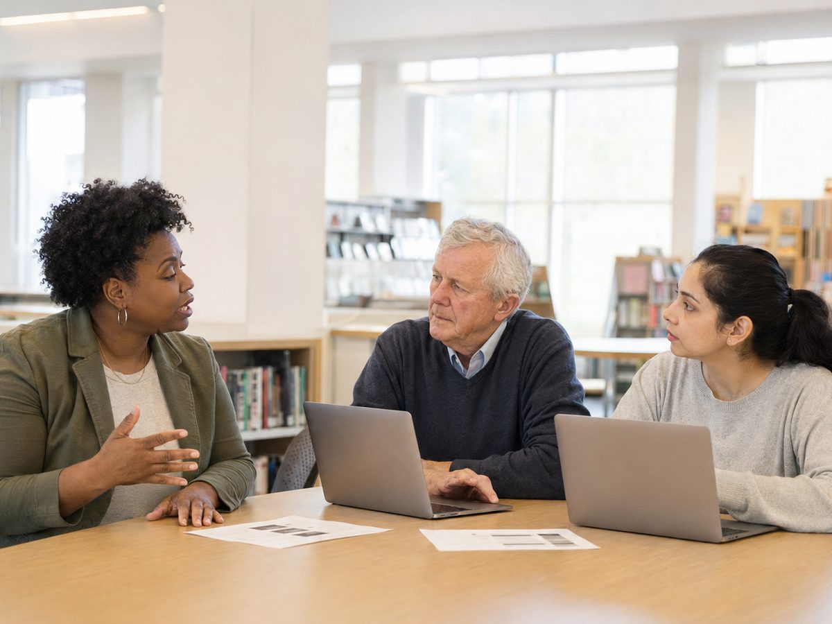 Three adults of different ages talking around a library table with open laptops during a Tech Ready Nevada workshop.