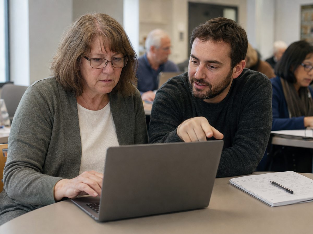 An instructor leans in to point at a laptop screen while a woman works through an exercise during a Tech Ready Nevada workshop.
